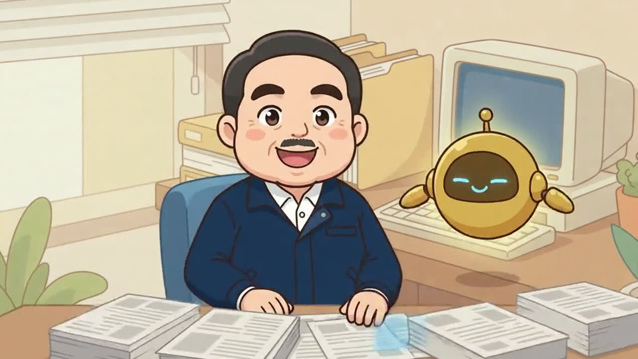 人とロボットが一緒に仕事の仕組みを整えるアニメーションイラスト