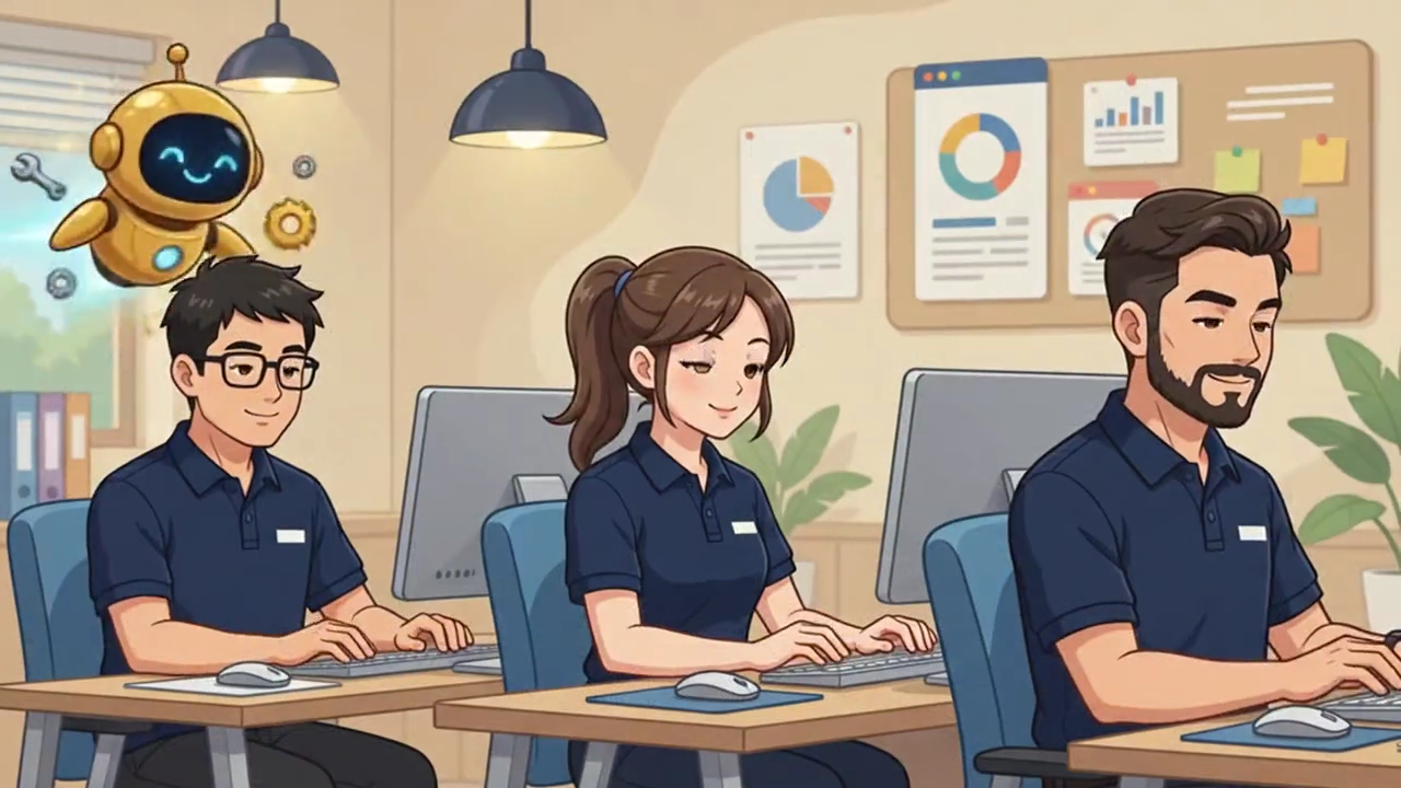 パソコンで仕事に取り組む人たちとロボットのアニメーションイラスト